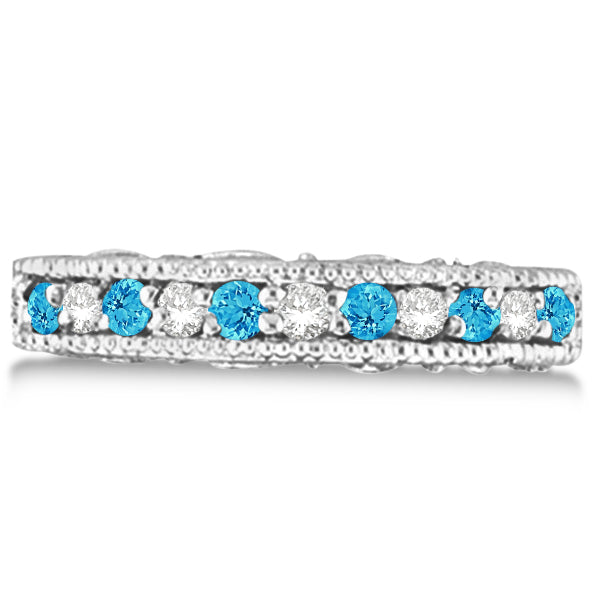 Blue Topaz & Diamond Band Filigree Ring Design 14k White Gold (0.60ct)