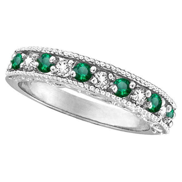Designer Diamond and Emerald Ring Band in 14k White Gold (0.59 ct)