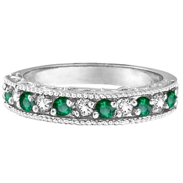 Designer Diamond and Emerald Ring Band in 14k White Gold (0.59 ct)