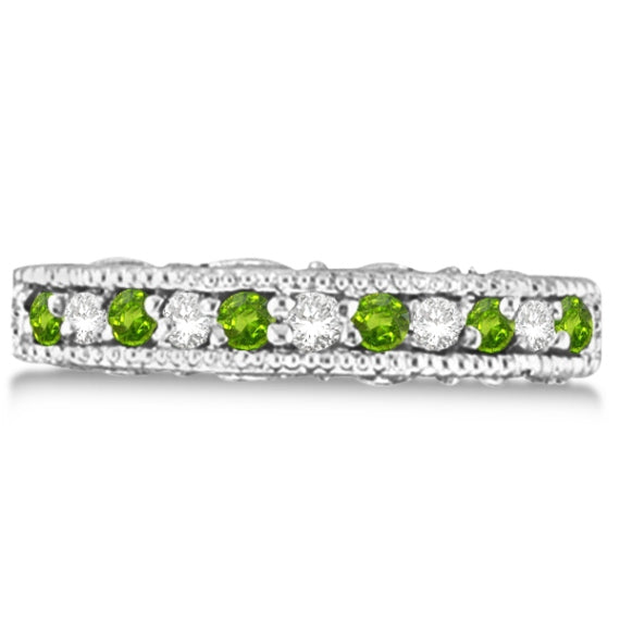 Diamond & Peridot Band Filigree Design Ring 14k White Gold (0.60ct)
