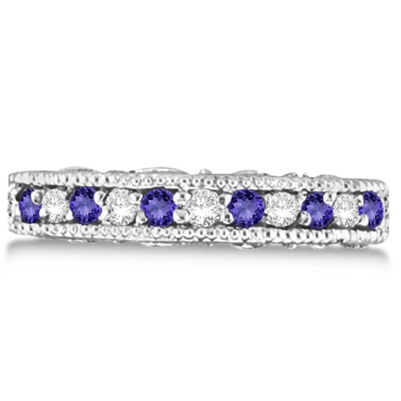 Diamond & Tanzanite Band Filigree Design Ring 14k White Gold (0.60ct)