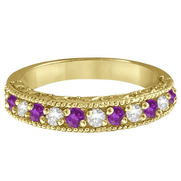 Diamond & Amethyst Band Filigree Design Ring 14k Yellow Gold (0.60ct)