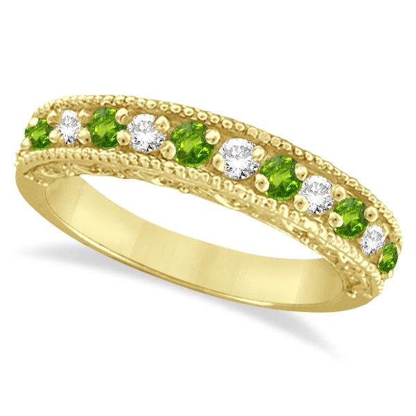 Diamond & Peridot Band Filigree Design Ring 14k Yellow Gold (0.60ct)