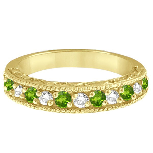 Diamond & Peridot Band Filigree Design Ring 14k Yellow Gold (0.60ct)