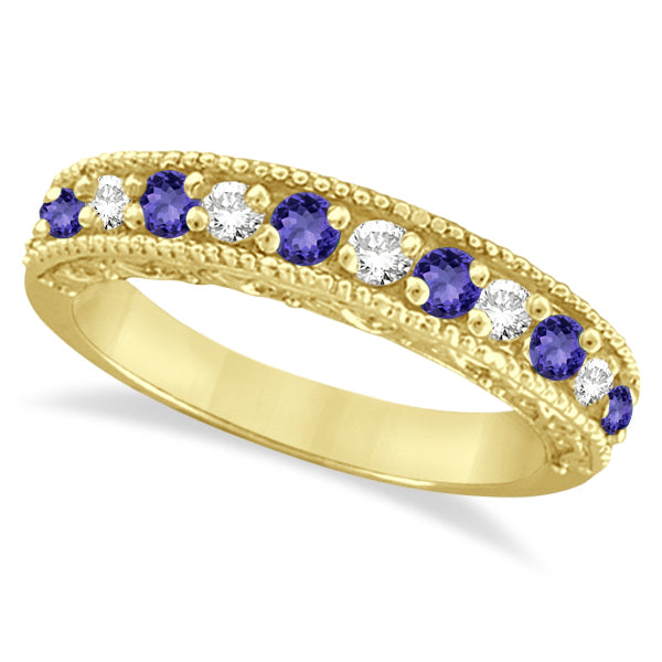 Diamond & Tanzanite Band Filigree Design Ring 14k Yellow Gold (0.60ct)