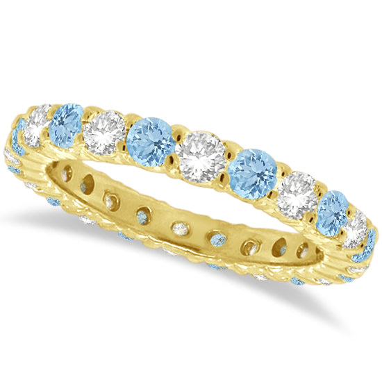 Lab Aquamarine & Lab Diamond Eternity Ring Band 14k Yellow Gold (1.07ct)
