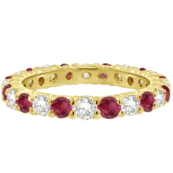 Red Garnet & Diamond Eternity Ring Band 14k Yellow Gold (1.07ct)
