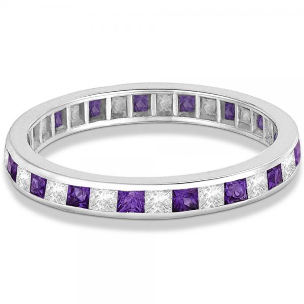 Princess-Cut Amethyst & Diamond Eternity Ring 14k White Gold (1.26ct)