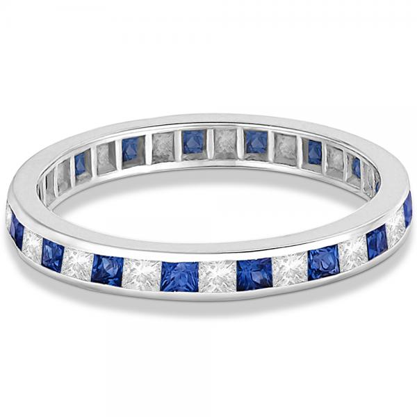 Princess-Cut Sapphire & Diamond Eternity Ring 14k White Gold (1.26ct)