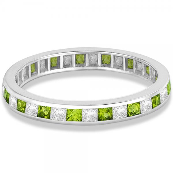 Princess-Cut Peridot & Diamond Eternity Ring 14k White Gold (1.26ct)