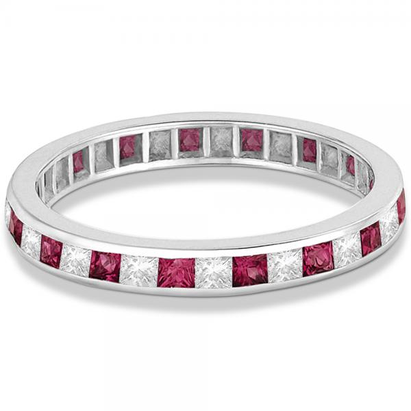 Princess-Cut Lab Ruby & Diamond Eternity Ring 14k White Gold (1.26ct)