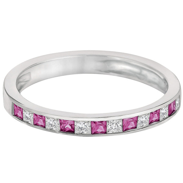 Princess Cut Diamond & Pink Sapphire Ring Band 14k White Gold (0.60ct)