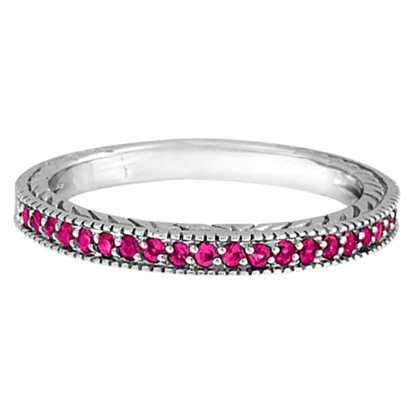 Pink Sapphire Stackable Ring with Milgrain Edges in 14k White Gold