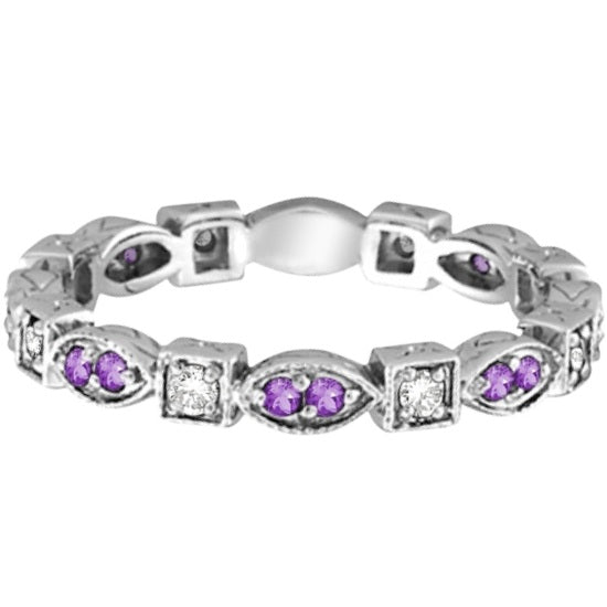 Amethyst & Diamond Eternity Anniversary Ring Band 14k White Gold