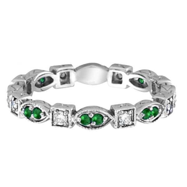 Emerald & Diamond Eternity Ring Anniversary Band 14k White Gold