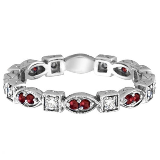 Garnet & Diamond Eternity Anniversary Ring Band 14k White Gold