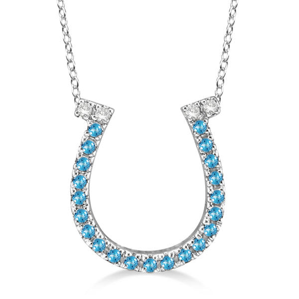 Blue Topaz & Diamond Horseshoe Pendant 14k White Gold (0.25ct)