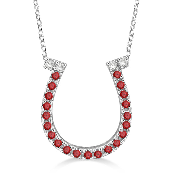 Garnet & Diamond Horseshoe Pendant Necklace 14k White Gold (0.25ct)