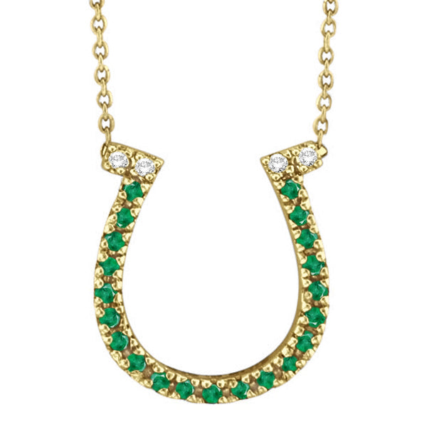 Emerald & Diamond Horseshoe Pendant Necklace 14k Yellow Gold (0.25ct)