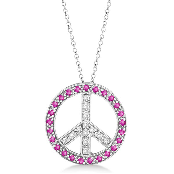 Diamond & Pink Sapphire Peace Pendant Necklace 14k White Gold 0.92ct