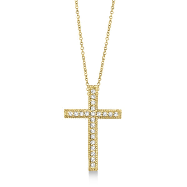 Diamond Cross Pendant Necklace Milgrain Edged 14k Yellow Gold (0.33ct)