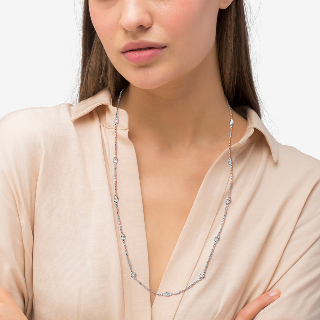 36 inch Long Diamond Station Necklace Strand 14k White Gold (1.50ct)