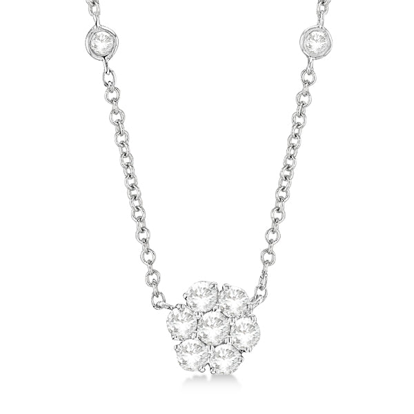 Flower Pendant Diamond Station Necklace 14k White Gold (1.00ct)