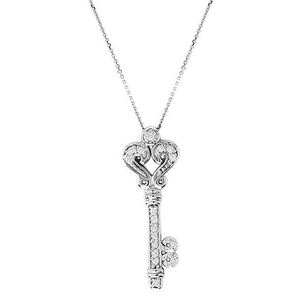Diamond Fleur De Lis Key Pendant Necklace in 14k White Gold (0.25ct)