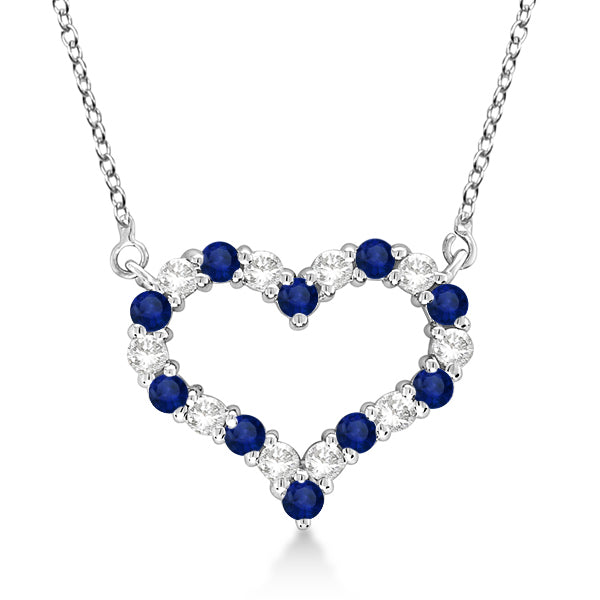 Open Heart Diamond & Sapphire Pendant Necklace 14k White Gold (0.65ct)