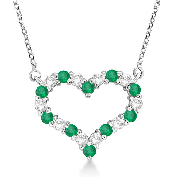 Open Heart Diamond & Emerald Pendant Necklace 14k White Gold (1.10ct)
