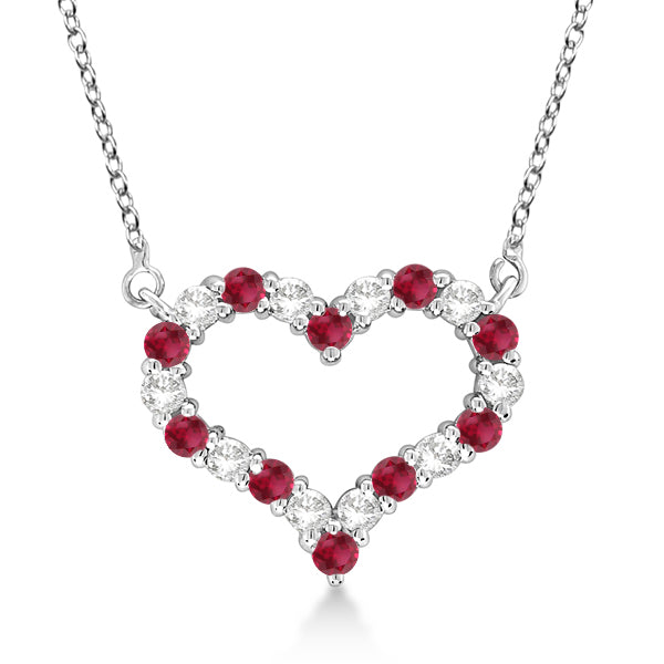Open Heart Diamond & Ruby Pendant Necklace 14k White Gold (0.65ct)