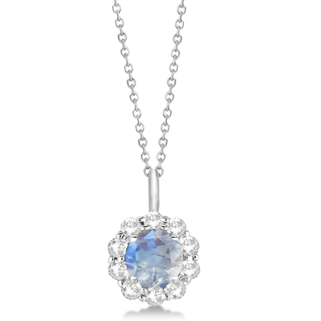 Halo Diamond and Moonstone Lady Di Pendant Necklace 14K White Gold (1.69ct)