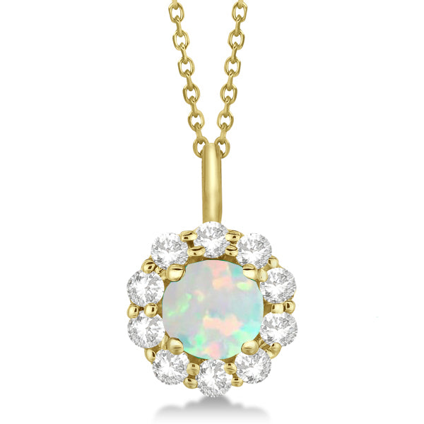 Halo Diamond and Opal Lady Di Pendant Necklace 14K Yellow Gold (1.69ct)