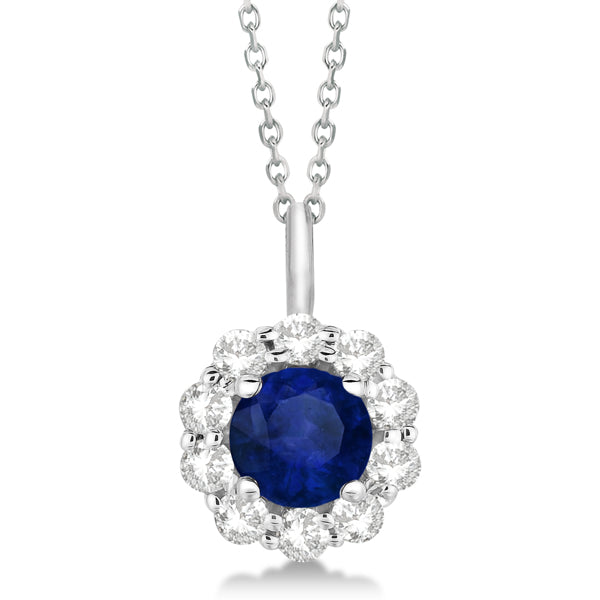 Halo Diamond and Sapphire Pendant Necklace 14K White Gold (1.69ct)