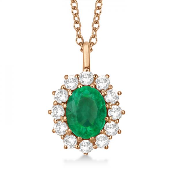 Oval Lab Emerald and Lab  Diamond Pendant Necklace 14k Rose Gold (3.60ctw)