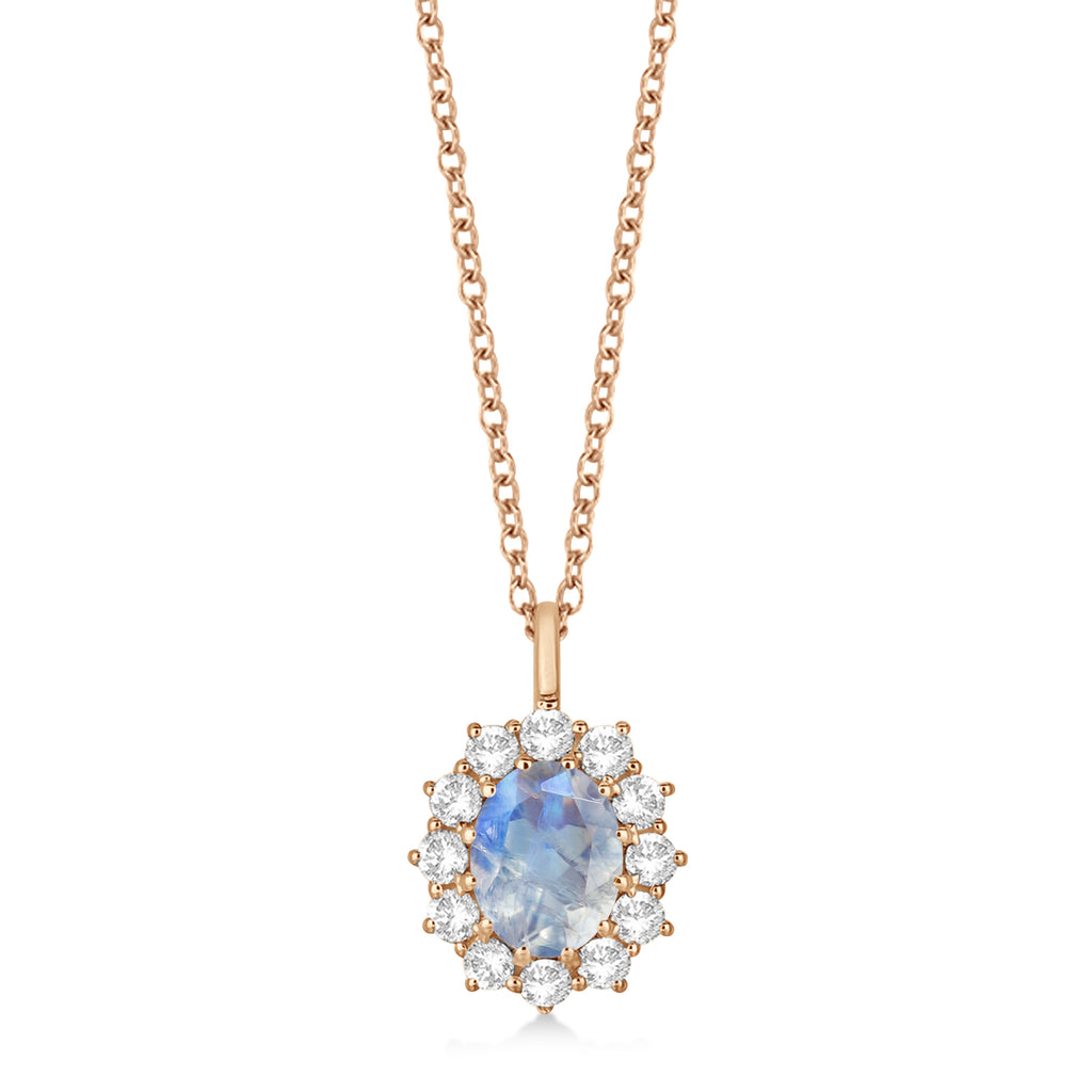 Oval Moonstone and Diamond Pendant Necklace 14k Rose Gold (2.80ctw)