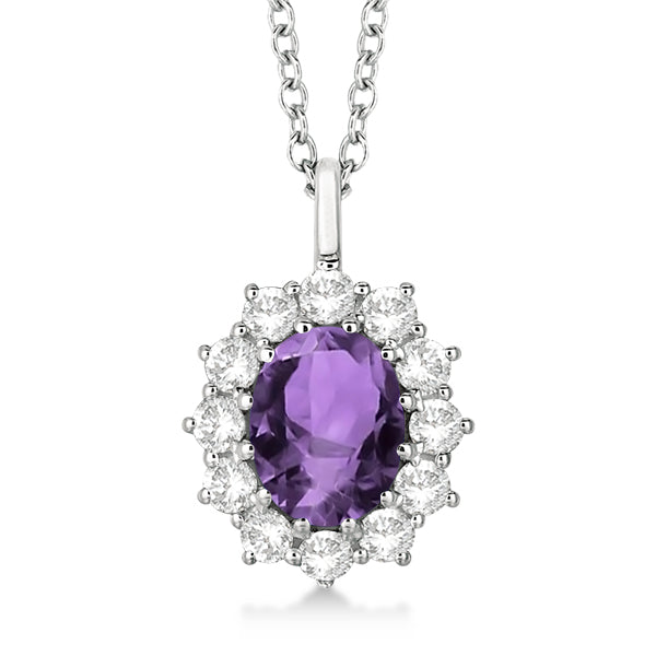 Oval Amethyst & Diamond Pendant Necklace 14k White Gold (3.60ctw)