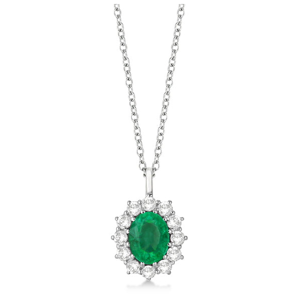 Oval Lab Emerald & Lab  Diamond Pendant Necklace 18k White Gold (3.60ctw)