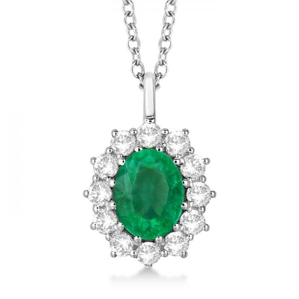 Oval Lab Emerald and Lab  Diamond Pendant Necklace 14k White Gold (3.60ctw)
