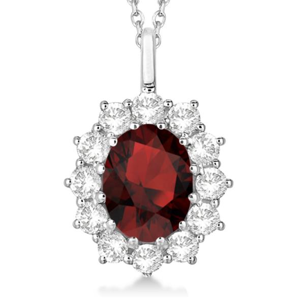 Oval Garnet and Diamond Pendant Necklace 14k White Gold (3.60ctw)