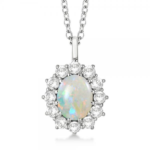 Oval Shape Opal & Diamond Pendant Necklace 14k White Gold (3.60ctw)