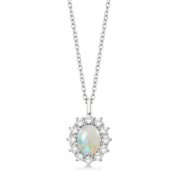 Oval Shape Opal & Diamond Pendant Necklace 14k White Gold (3.60ctw)