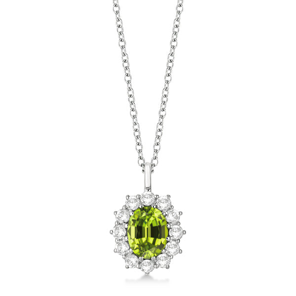 Oval Peridot & Diamond Pendant Necklace 14k white Gold (3.60ctw)