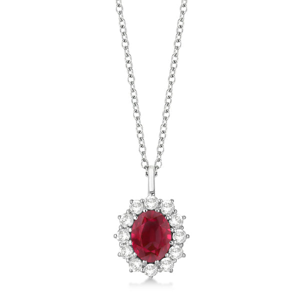Oval Lab Ruby and Lab  Diamond Pendant Necklace 14k White Gold (3.60ctw)