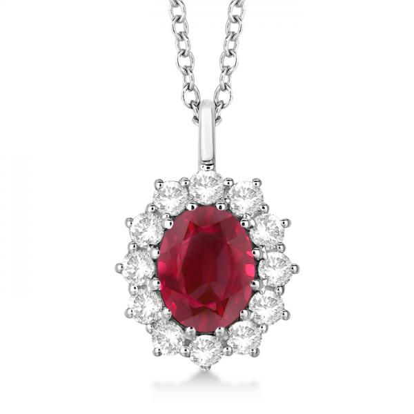Oval Ruby and Diamond Pendant Necklace 14k White Gold (3.60ctw)