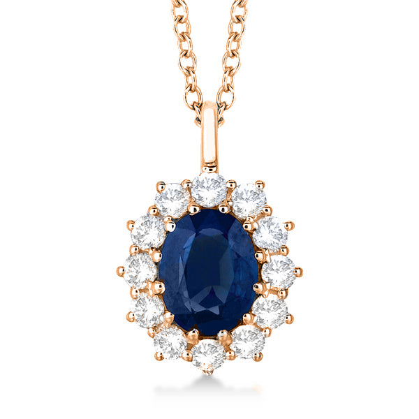 Oval Lab Blue Sapphire & Lab  Diamond Pendant Necklace 14k Rose Gold (3.60ctw)