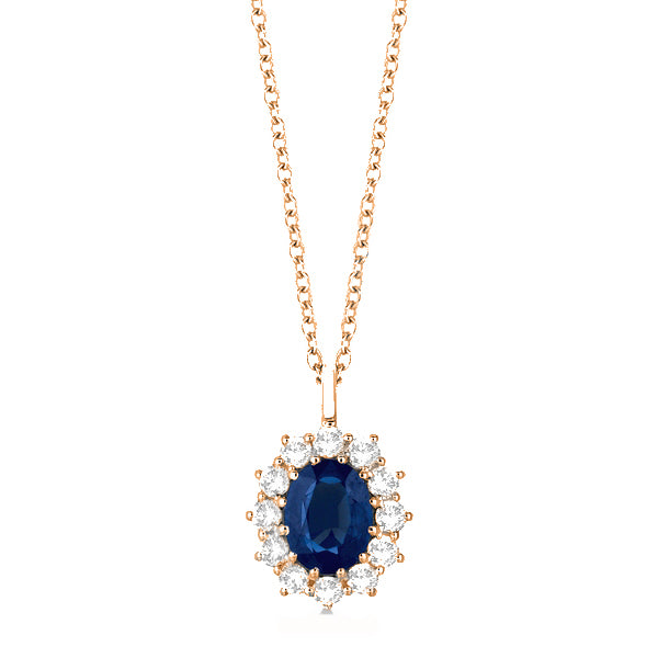 Oval Lab Blue Sapphire & Lab  Diamond Pendant Necklace 14k Rose Gold (3.60ctw)