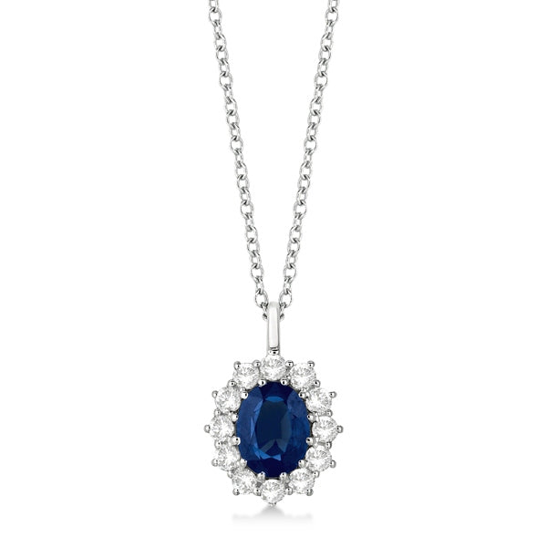 Oval Lab Blue Sapphire & Lab  Diamond Pendant Necklace 18k White Gold (3.60ctw)