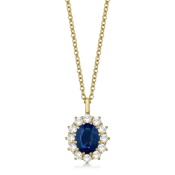 Oval Lab Blue Sapphire & Lab  Diamond Pendant Necklace 18k Yellow Gold (3.60ctw)