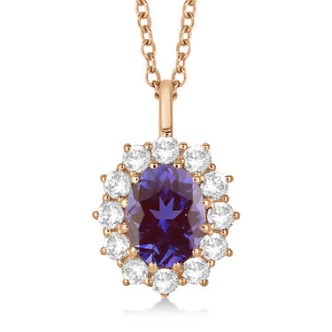 Oval Lab Alexandrite and Diamond Pendant Necklace 14k Rose Gold (3.60ctw)